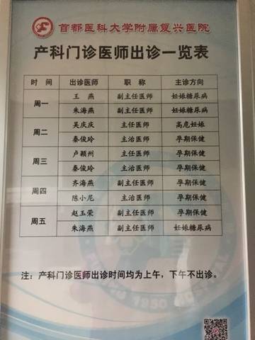 请问复兴门医院妇产大夫出诊表。想知道秦大夫