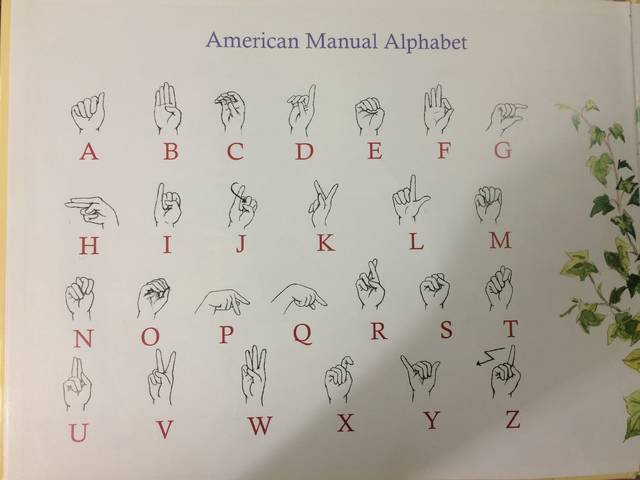 书里还附了美国聋哑手语字母表,我和兔宝一起开心的学起来